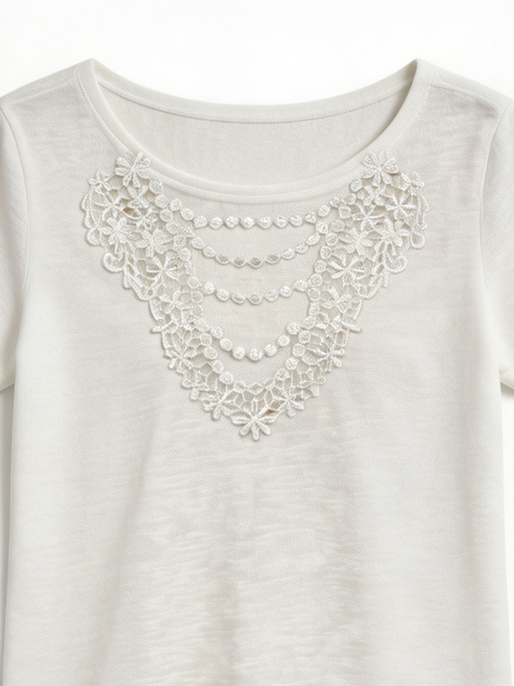 Romantic Boho White Slub Tee Featuring Delicate Lace Patchwork Summer Top M-42240