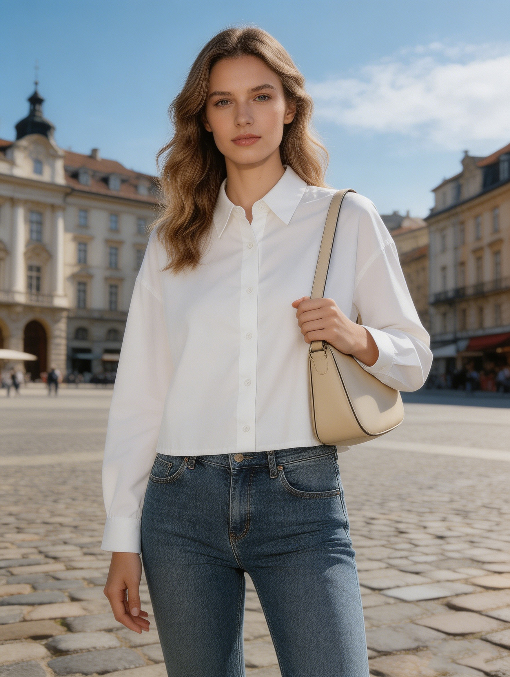 Chic White Cropped Blouse - Relaxed Fit Long Sleeve Shirt  S-2520