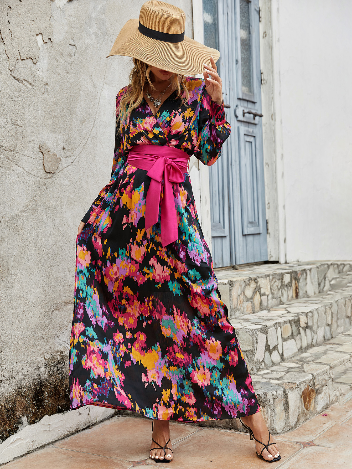 Vibrant Floral Maxi Dress with Waist Tie W-34086