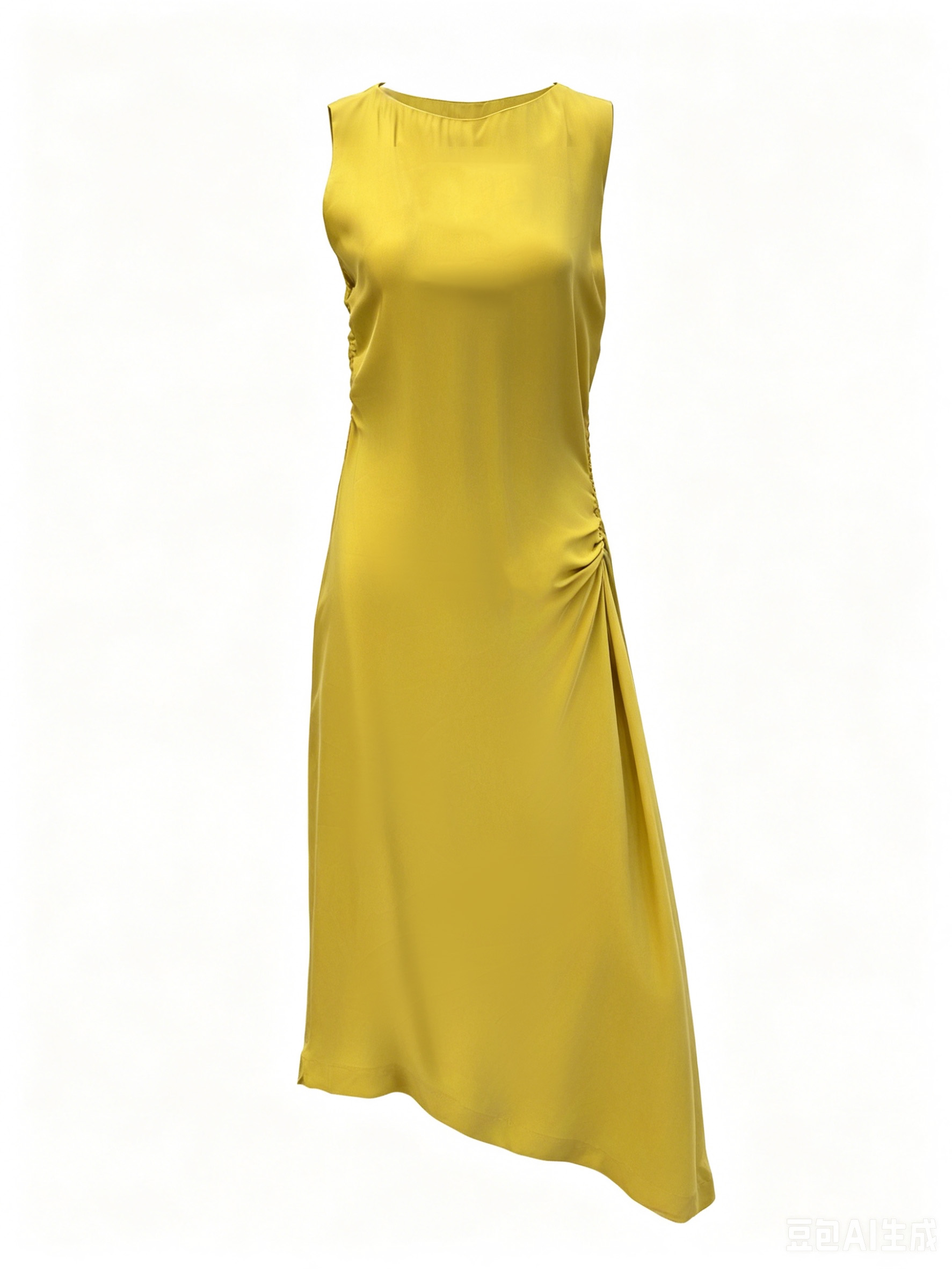 Women's Mustard Satin Asymmetric Sleeveless  Dress W-35967