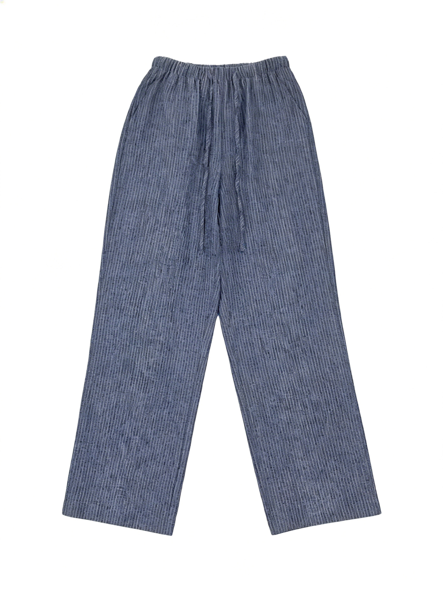 Blue Striped Linen-Blend Wide Leg Pants - Drawstring Waist Casual Trousers S-2543