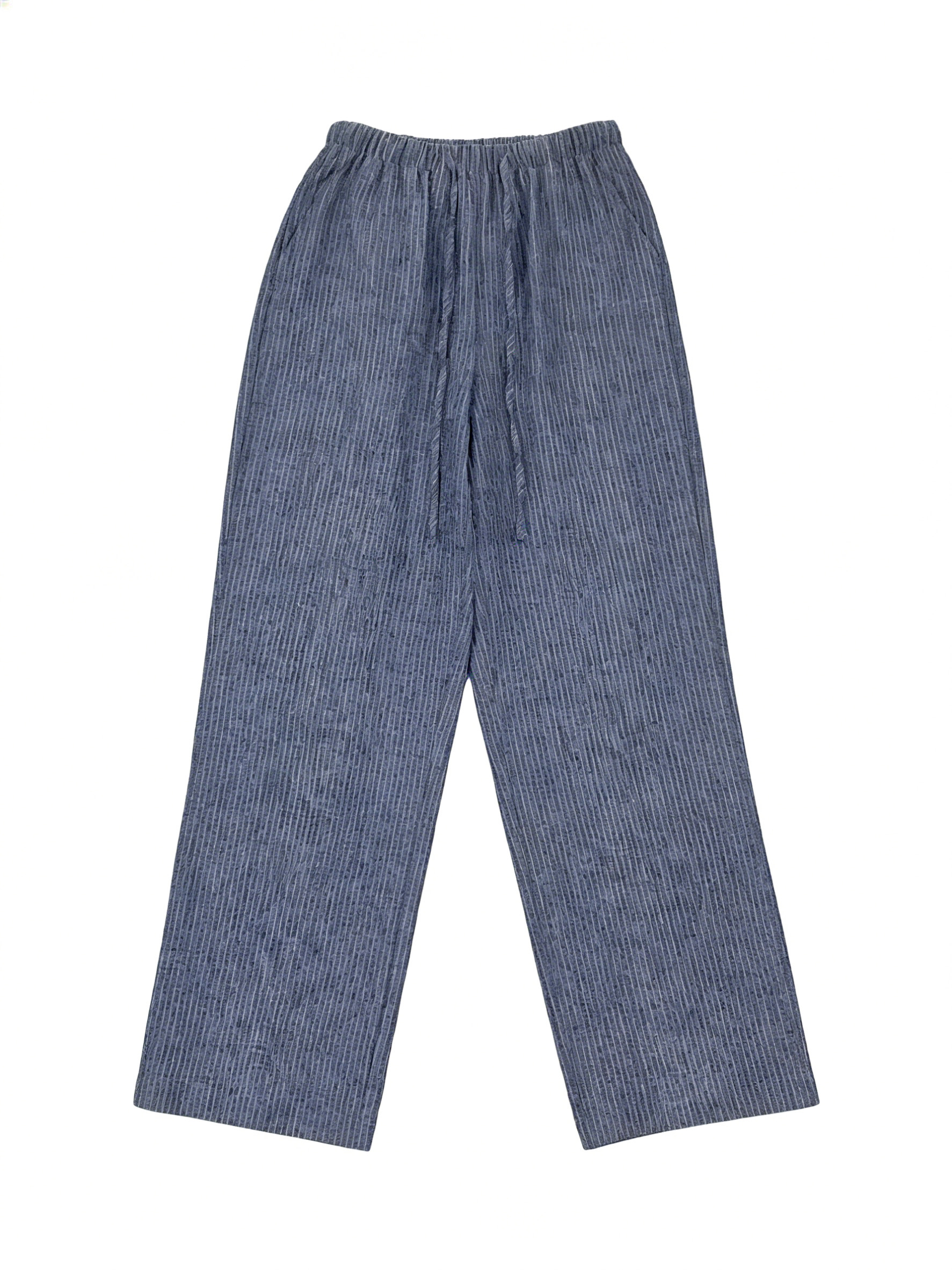 Blue Striped Linen-Blend Wide Leg Pants - Drawstring Waist Casual Trousers S-2543