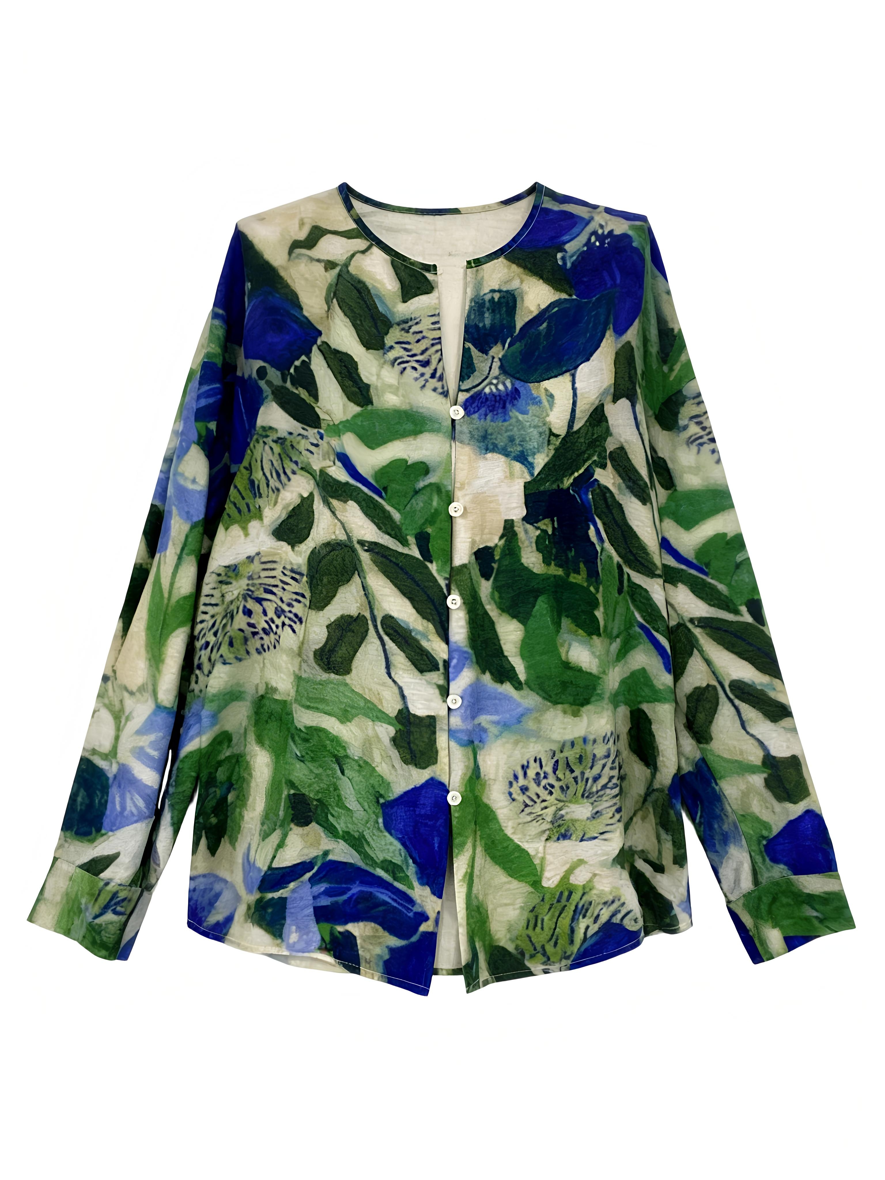 Floral Print Linen Blend Shirt – Casual V-Neck Button Down Loose Fit Resort Blouse AN-121007