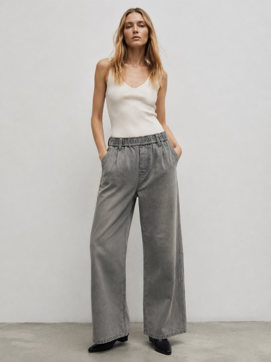 Vintage Faded Gray Relaxed Fit Wide Leg Jeans Retro Elastic Waist Denim Trousers ZY6024
