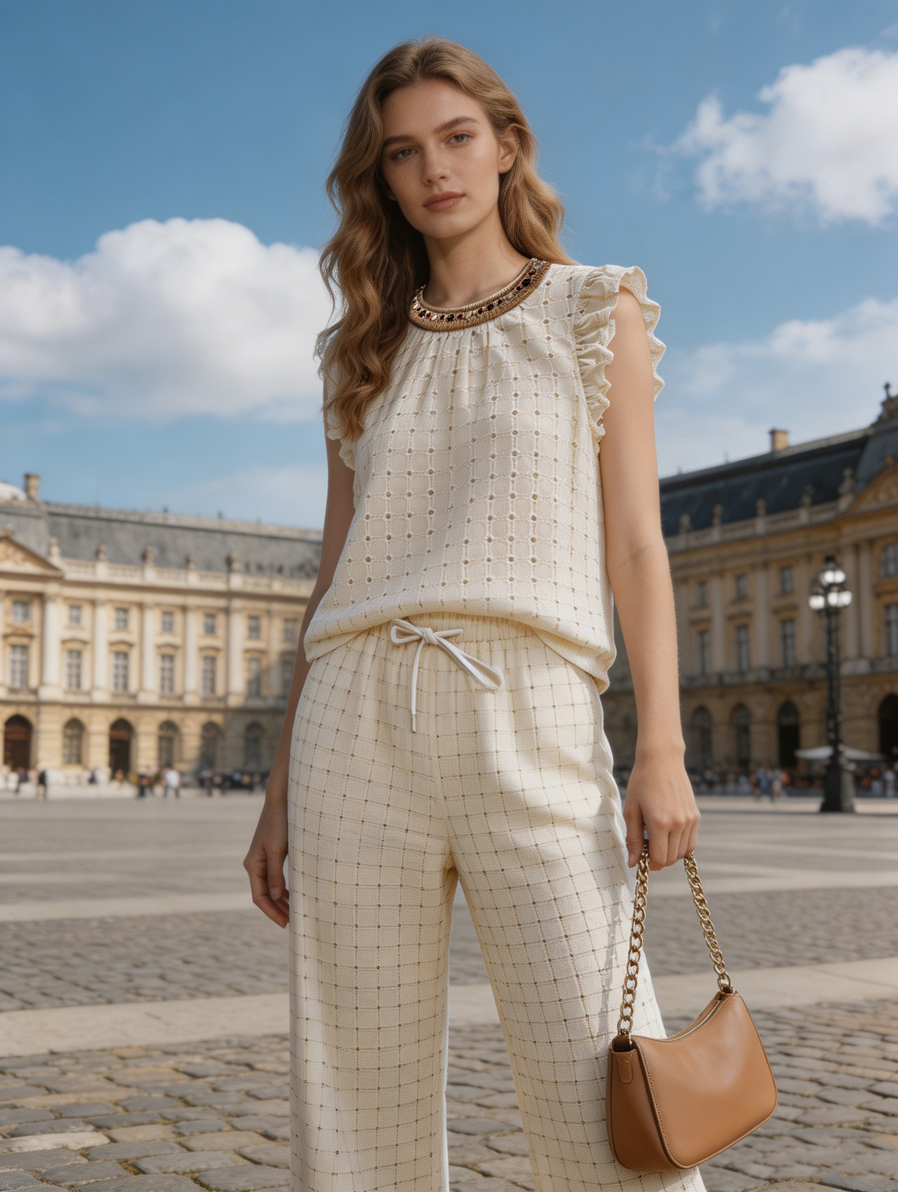 Women's Beige Embroidered Ruffle Sleeveless Top & Wide Leg Pants Set  W-40527+W-40528