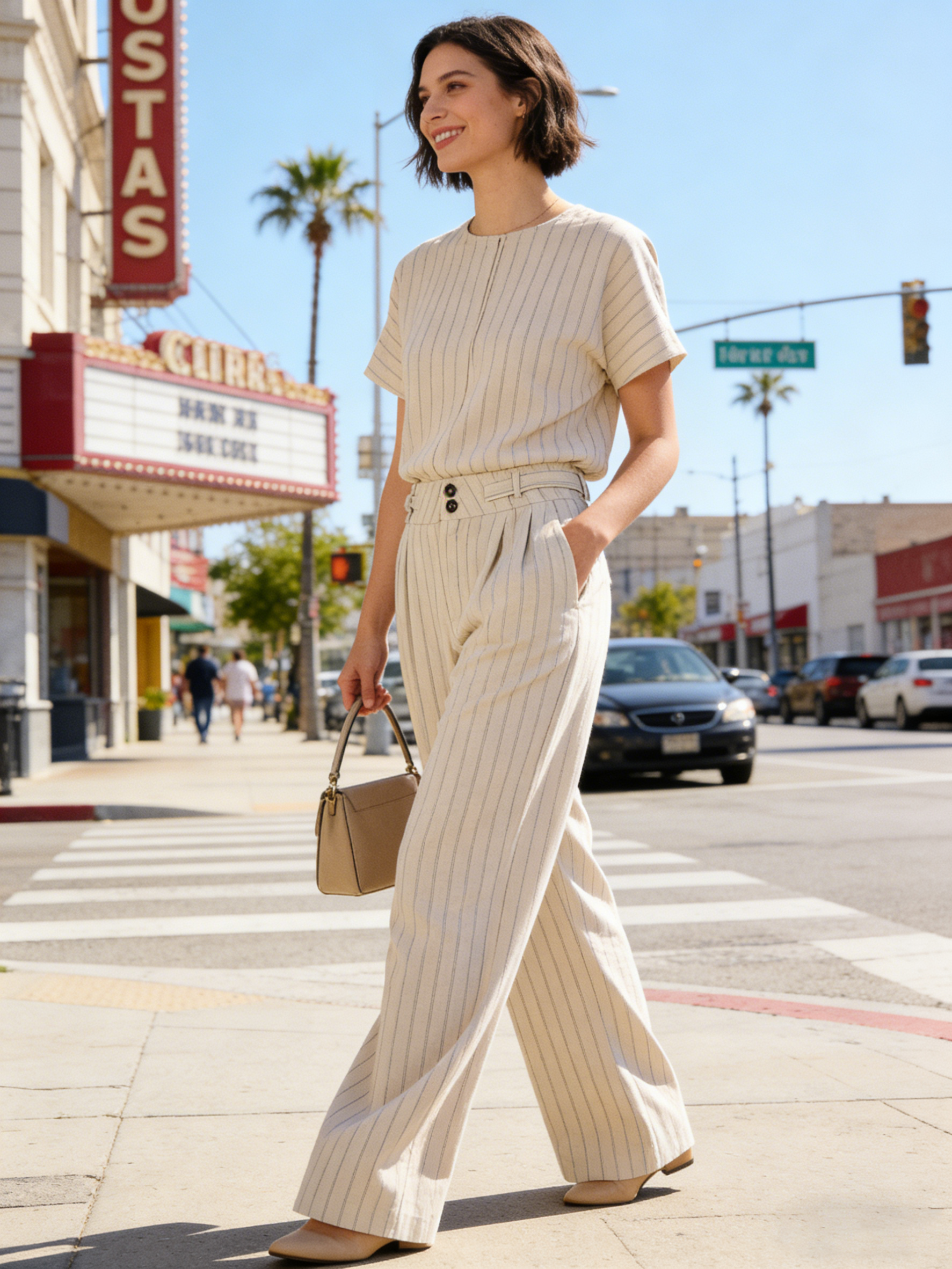 Minimalist Light Khaki Stripe Wide Leg Pants - High Waist Pleated Casual Trousers A-41727A