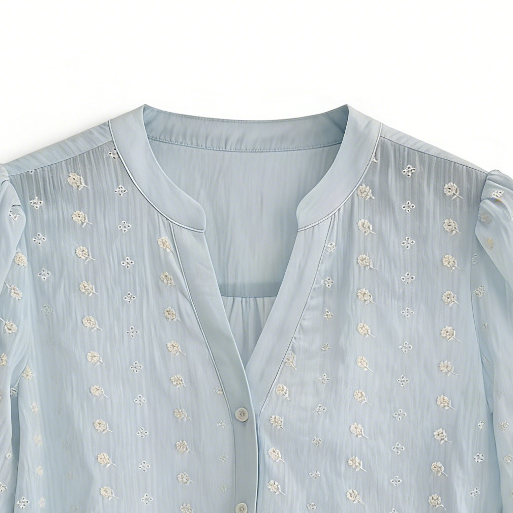 Soft Blue Puff Sleeve Top, Elegant V-Neck Embroidered Summer Blouse A-42114