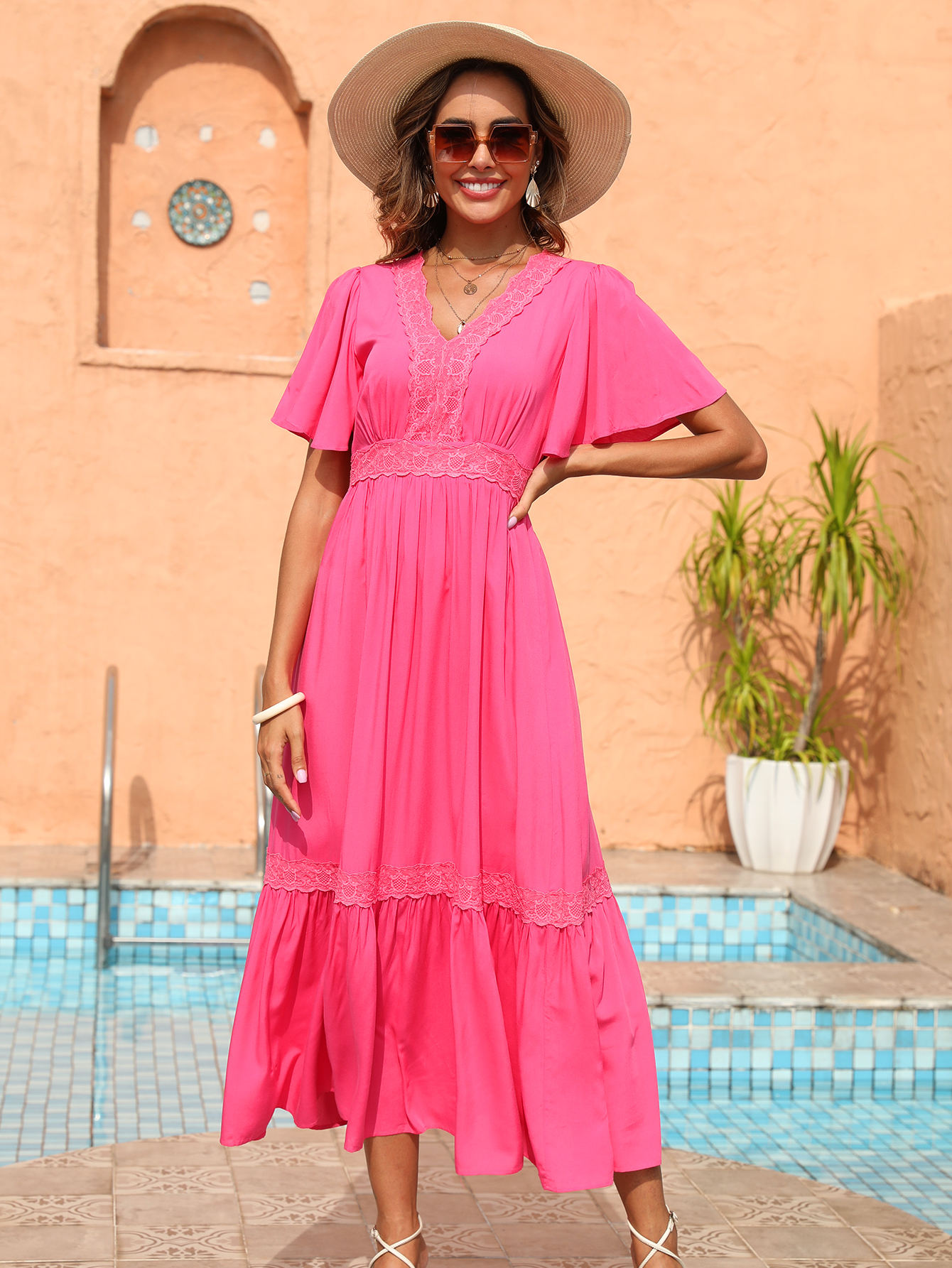 Women’s Hot Pink Lace Trim Flutter Sleeve Midi Dress D-35778