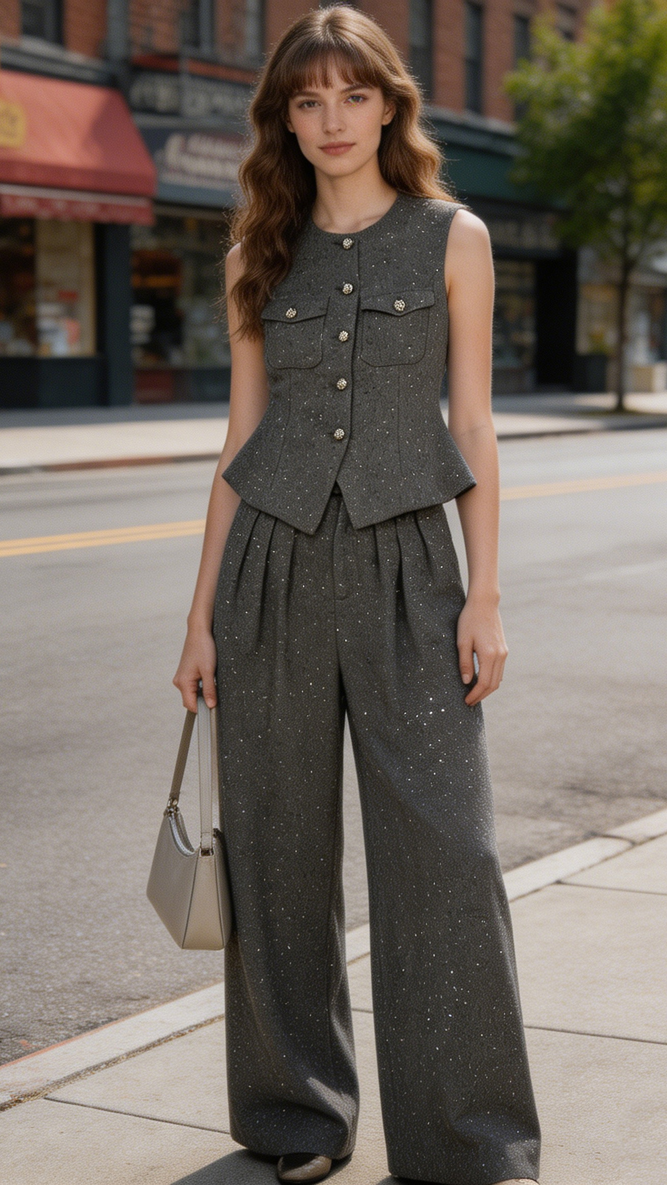 Luxury Grey Boucle Two Piece Set - Embellished Button Vest & High Waist Trousers W-41365+W-41364