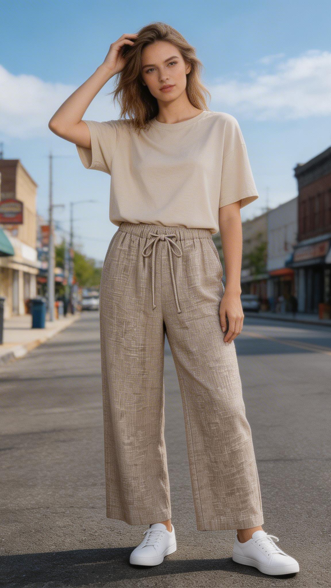 Women's Khaki Textured Drawstring Wide Leg Pants - Relaxed Fit Trousers  S-2543