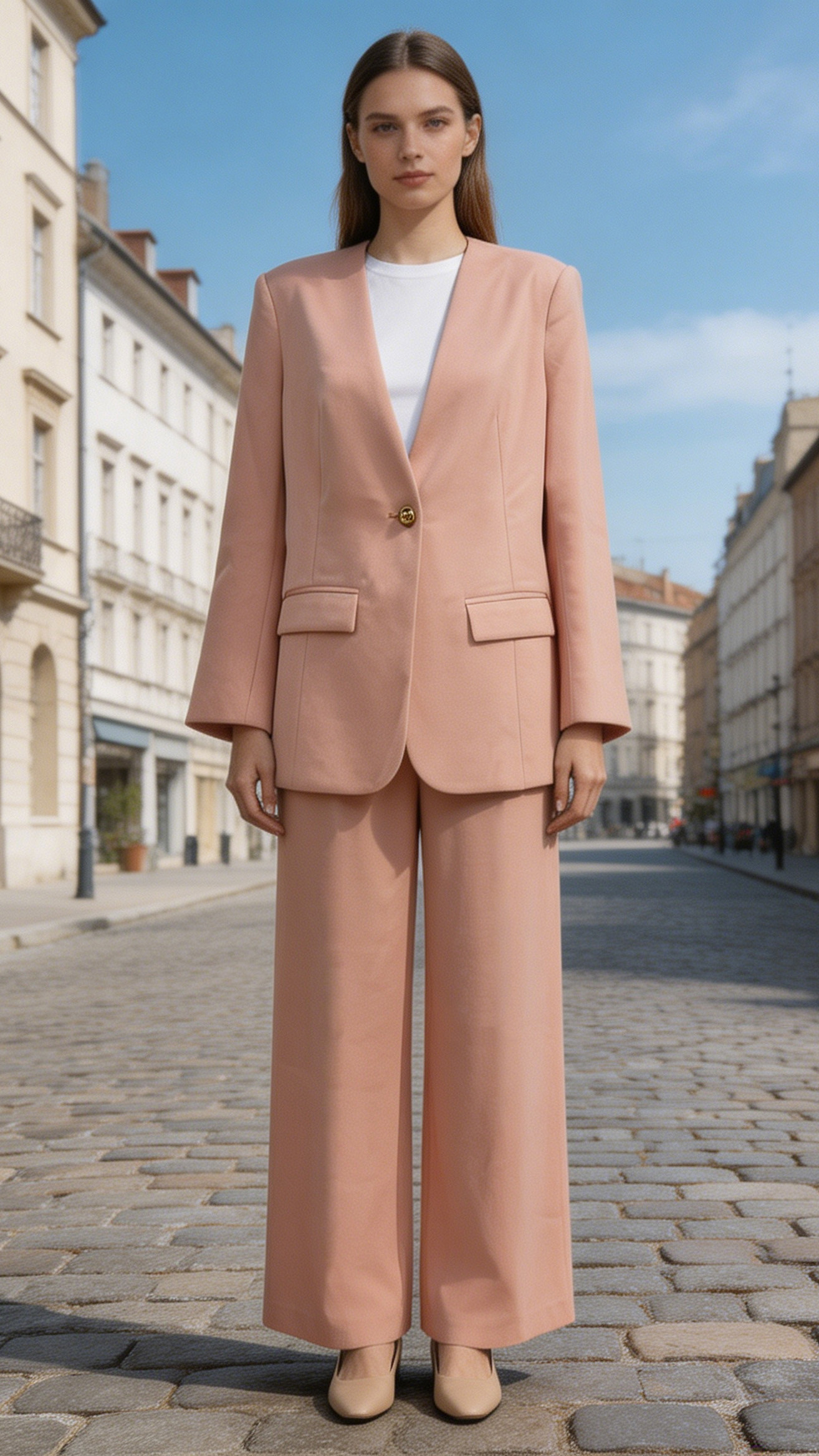 Blush Pink Collarless Blazer Wide Leg Pants Set - Two Piece Office Outfit V-C39959+V-C38668