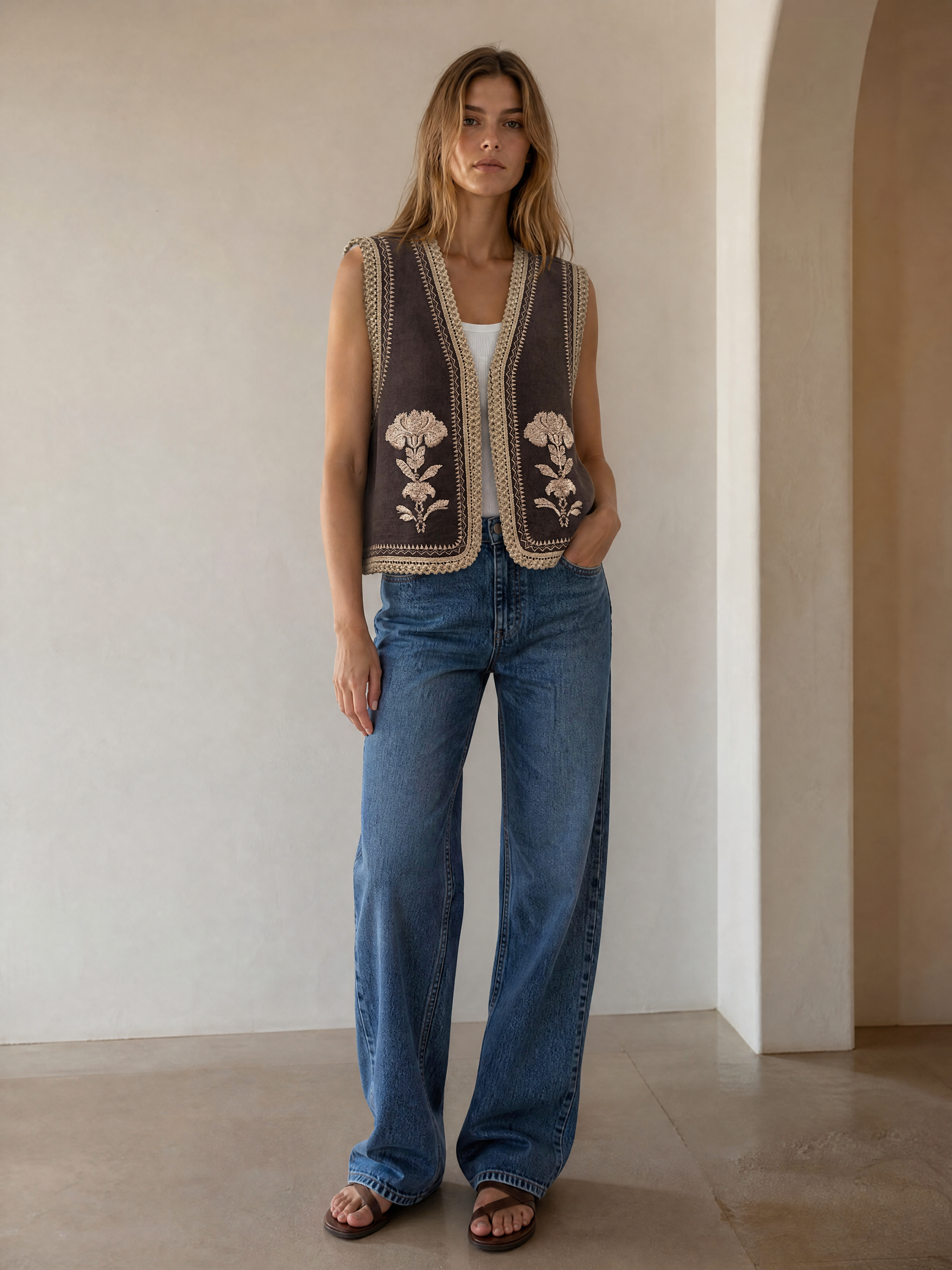 Women's Boho Floral‑Embroidered Cropped Vest C-43120