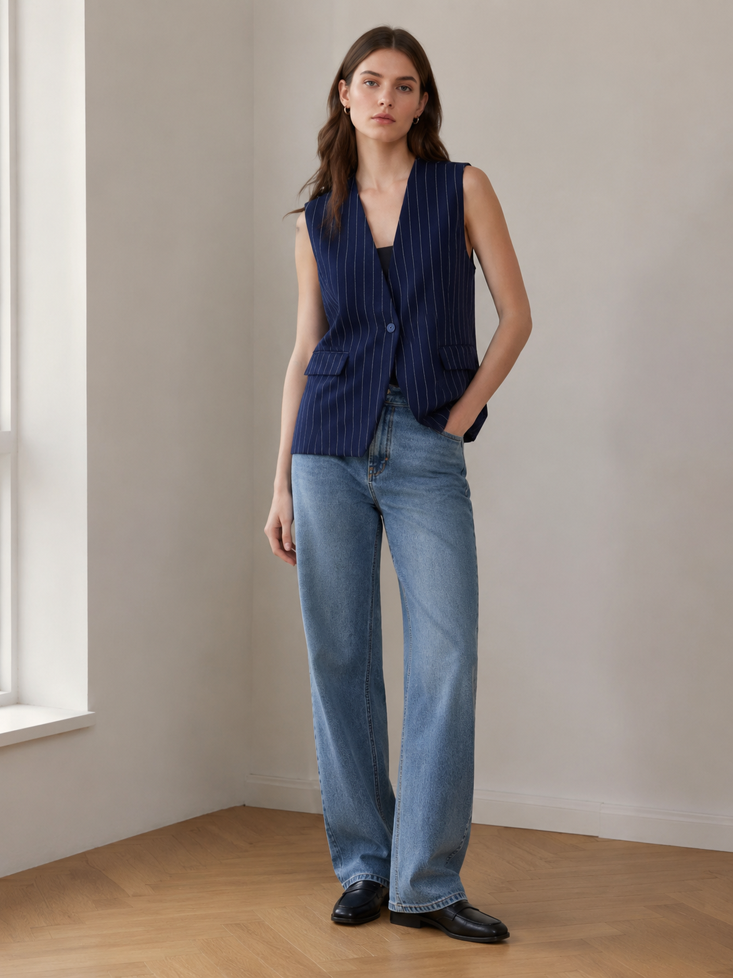 Elegant Navy Vertical‑Stripe Sleeveless Blazer Vest C-43628
