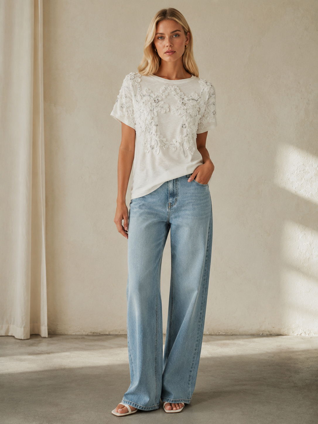 Chic Heavy‑Work 3D Floral Beaded Top M-42239