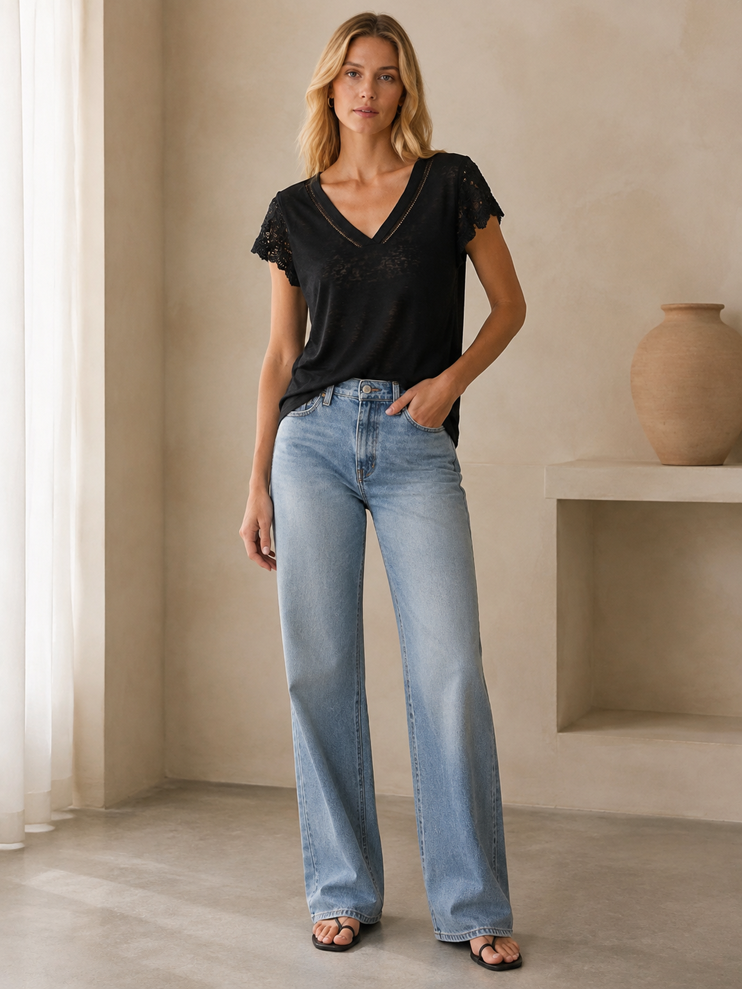 Women's Black V‑Neck Linen‑Texture Short‑Sleeve Top M-42248-1