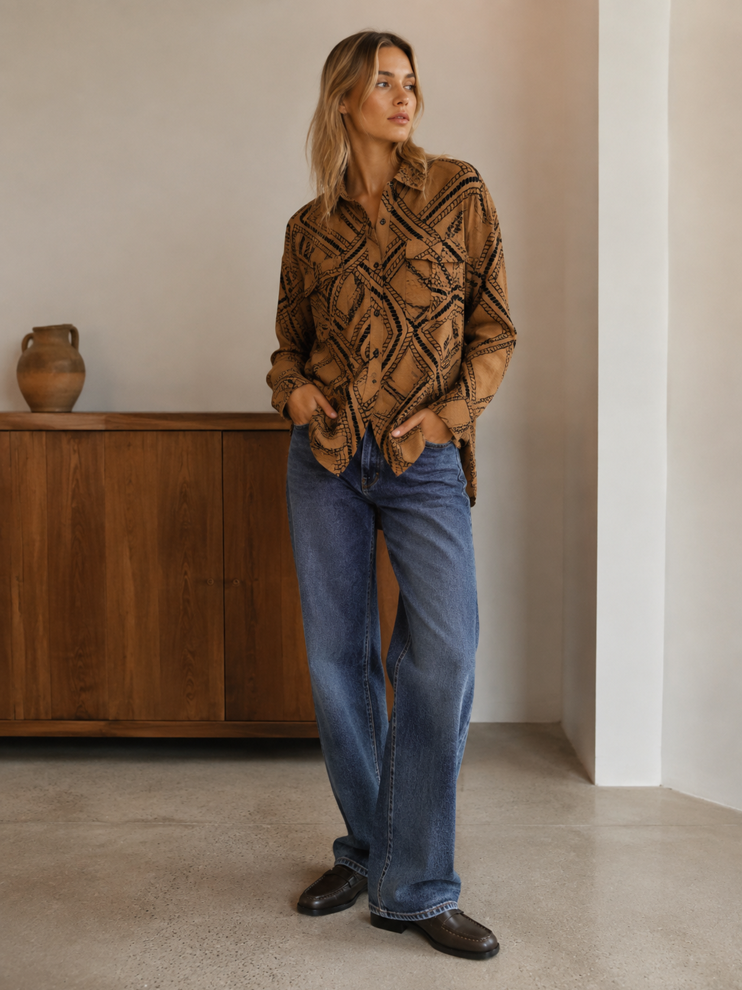 Elegant Brown Printed Loose‑Fit Blouse W-43410