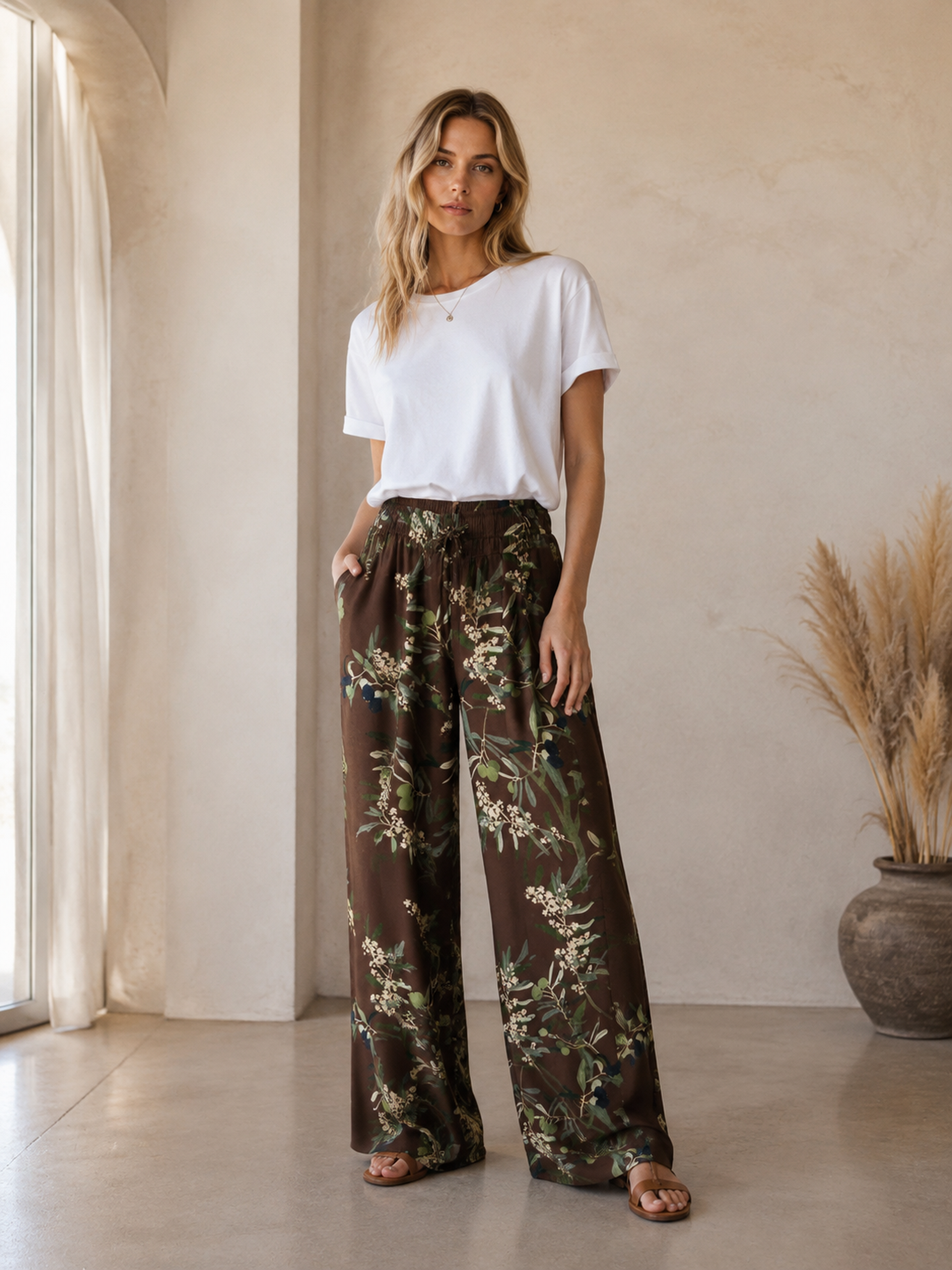 Women's Botanical Olive‑Branch Print Wide‑Leg Palazzo Pants W-43493