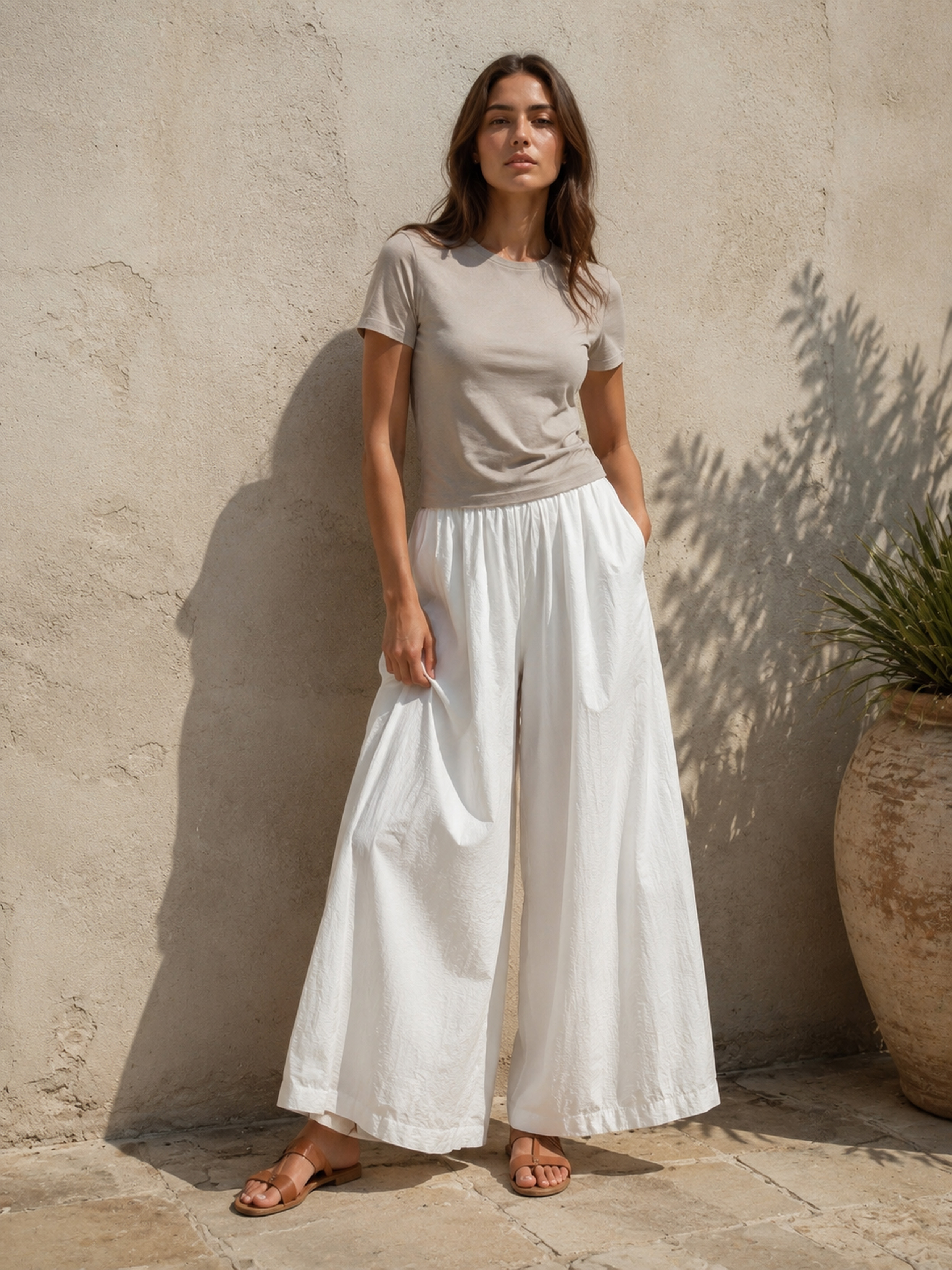 Elegant White Linen‑Feel Wide‑Leg Cropped Trousers XW-43672