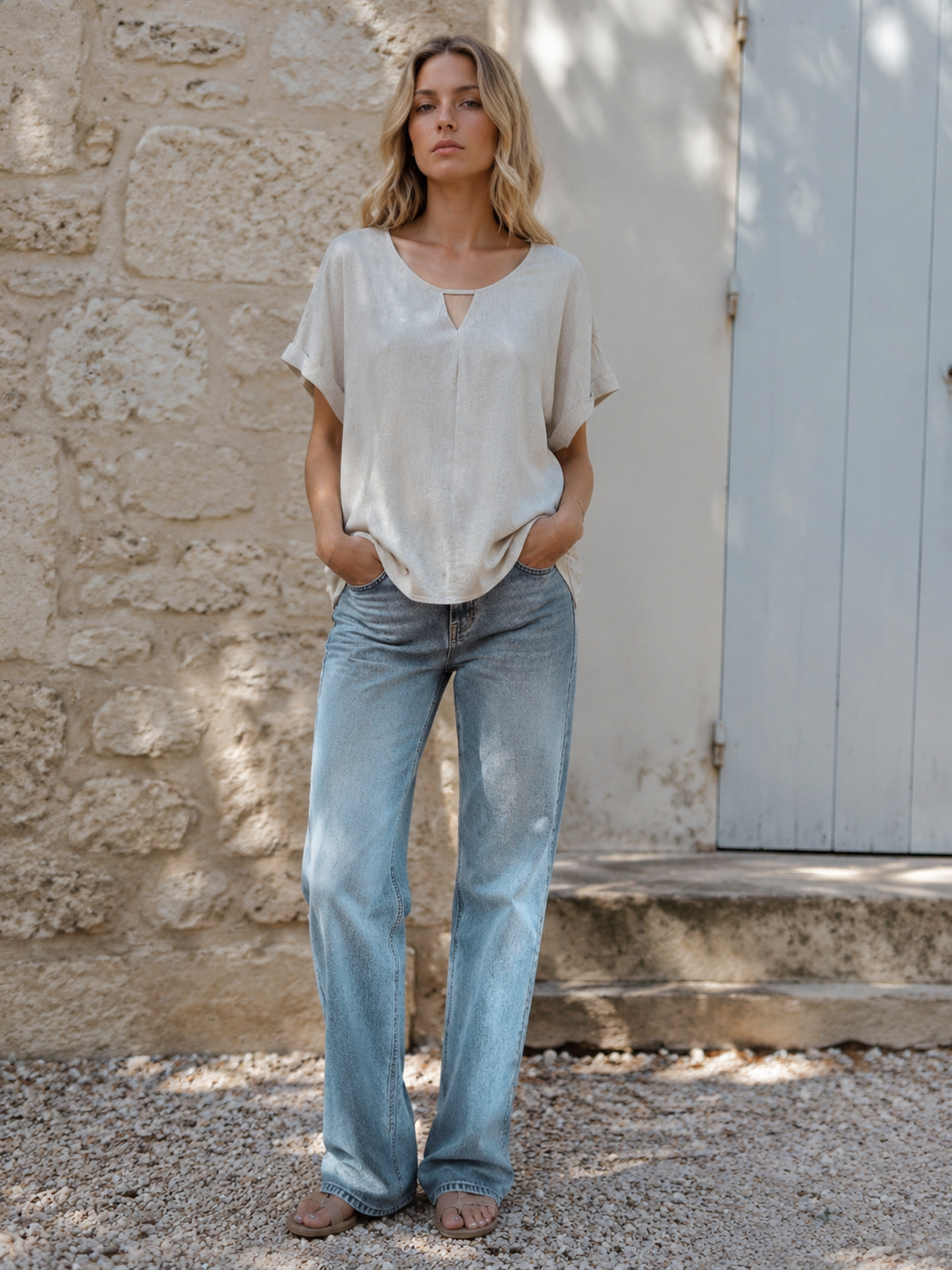 Women's Linen‑Blend Keyhole Neck Blouse A-42226H