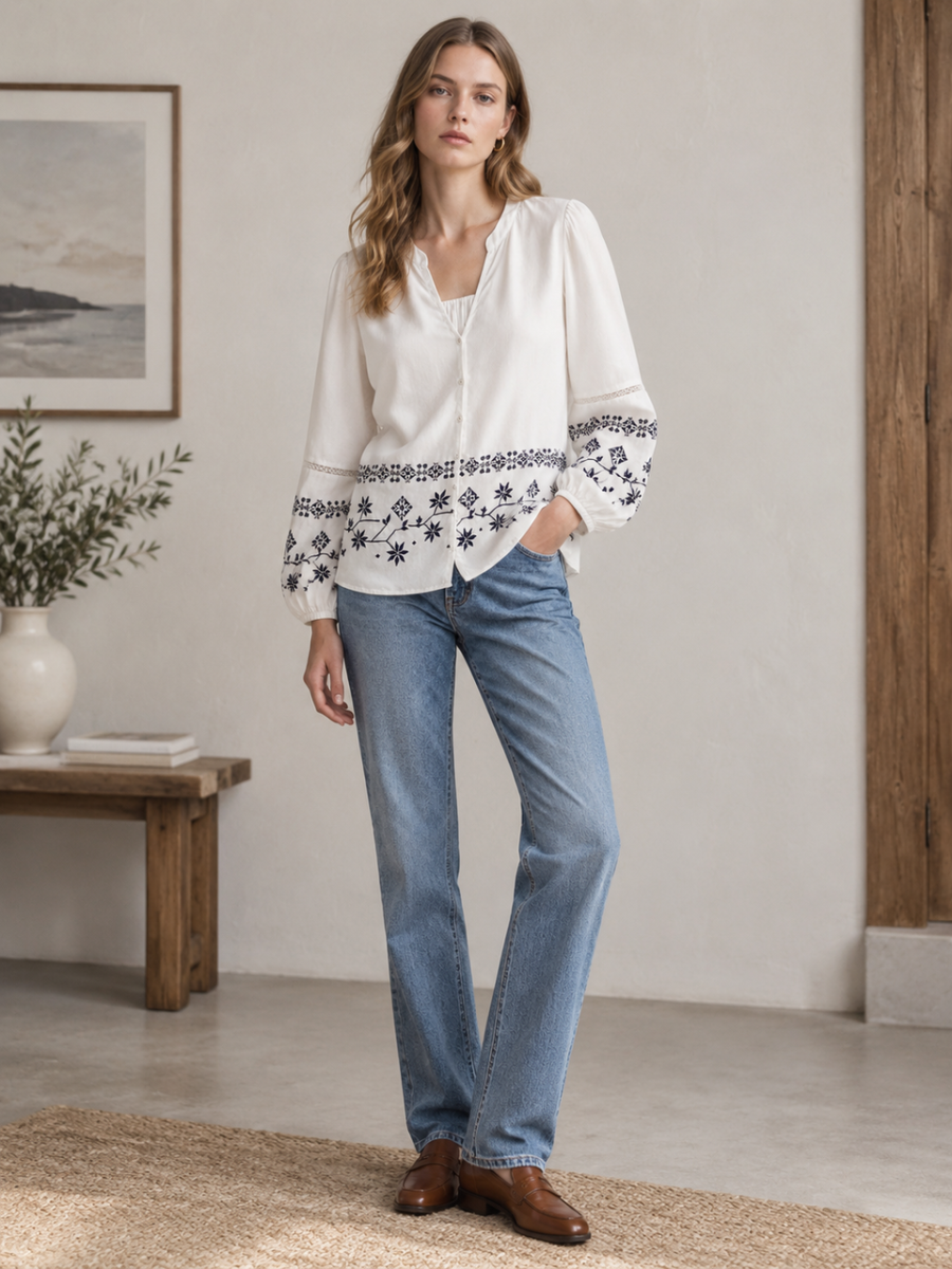 Boho Chic Floral Embroidery Tunic Top A-40538