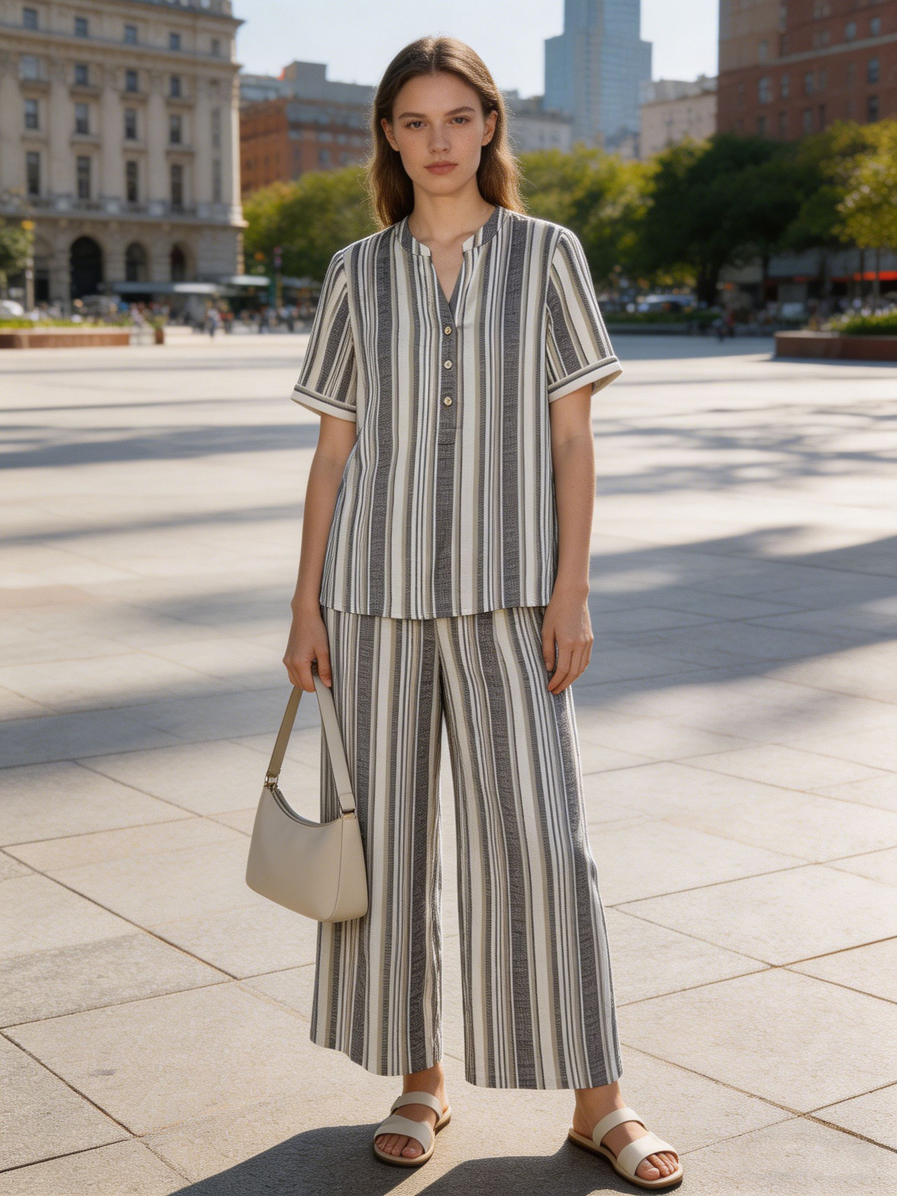 Women’s Linen-Look Striped Two Piece Lounge Set with Wide Leg Pants D-42149+D-40662