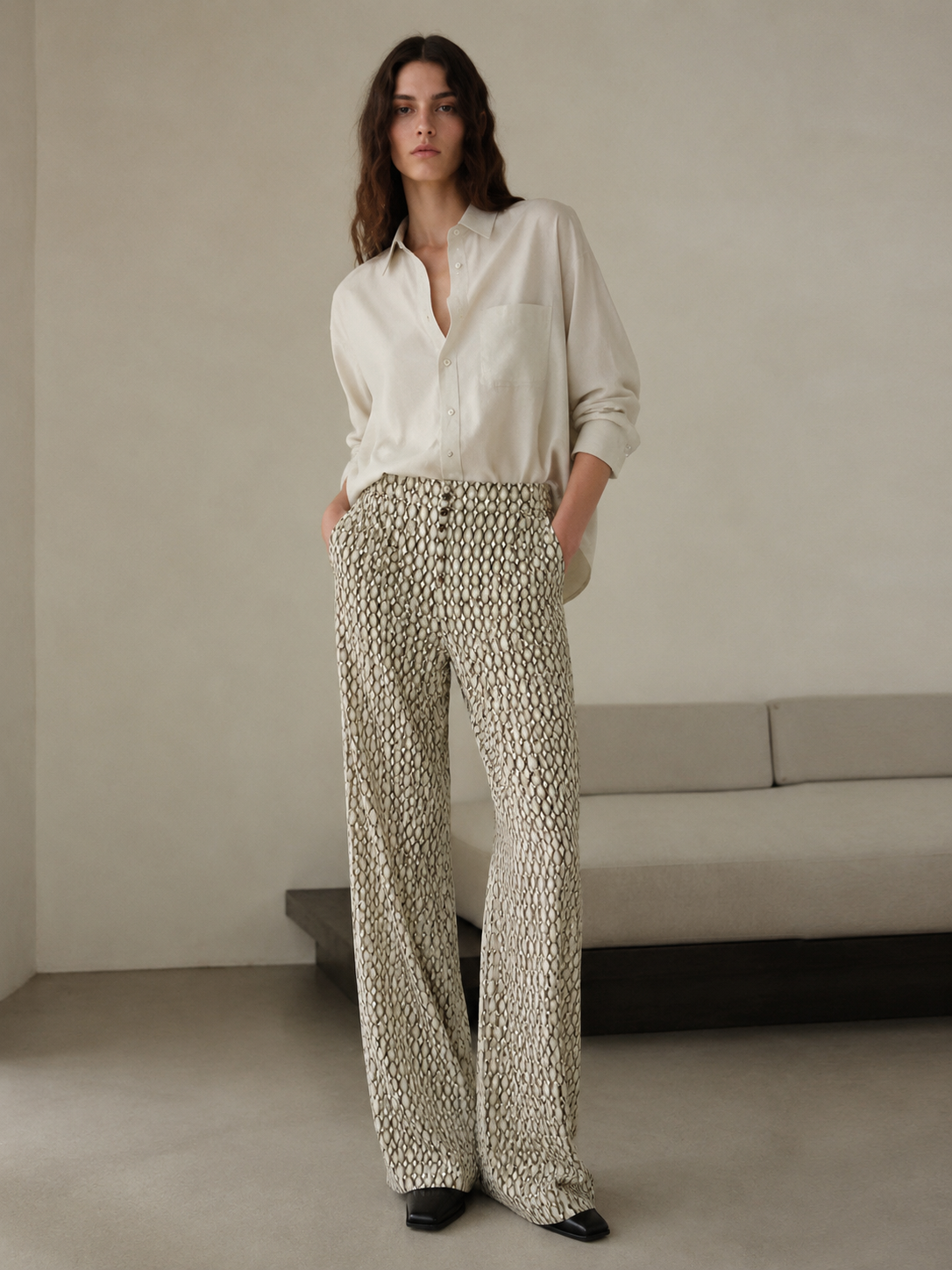 Retro Oval Printed Flowy Wide Leg Pants A-42763