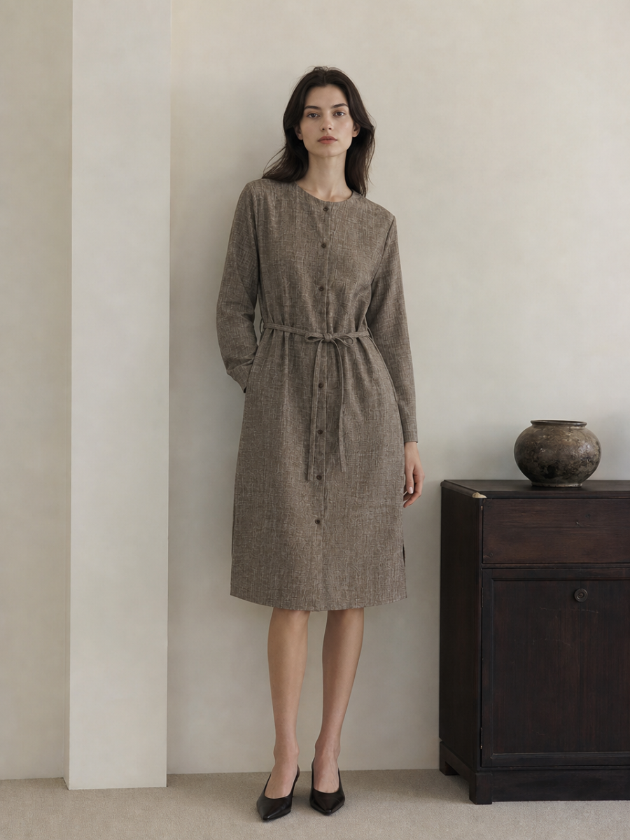 Women Linen Long‑Sleeve Midi Shirt Dress A-43182