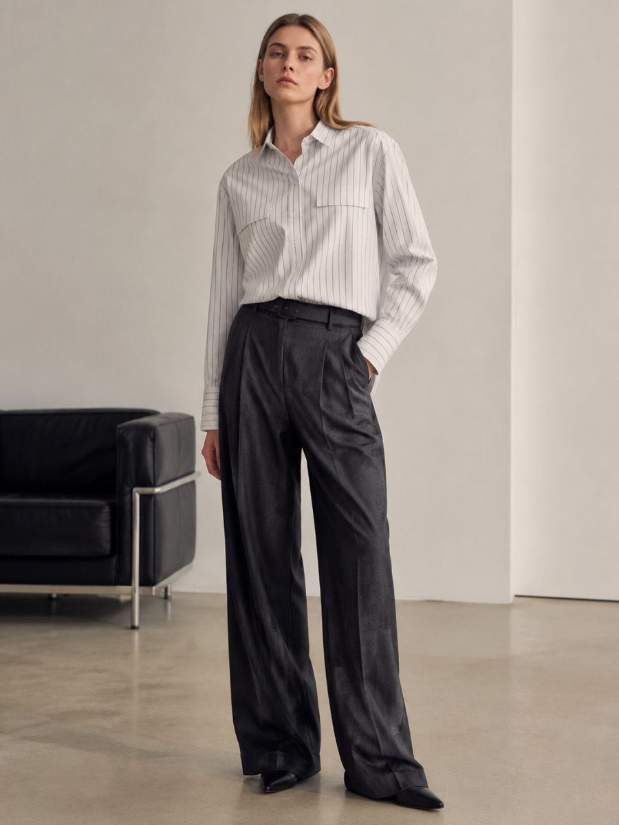 Women Vertical‑Striped Button‑Down Shirt C-41300