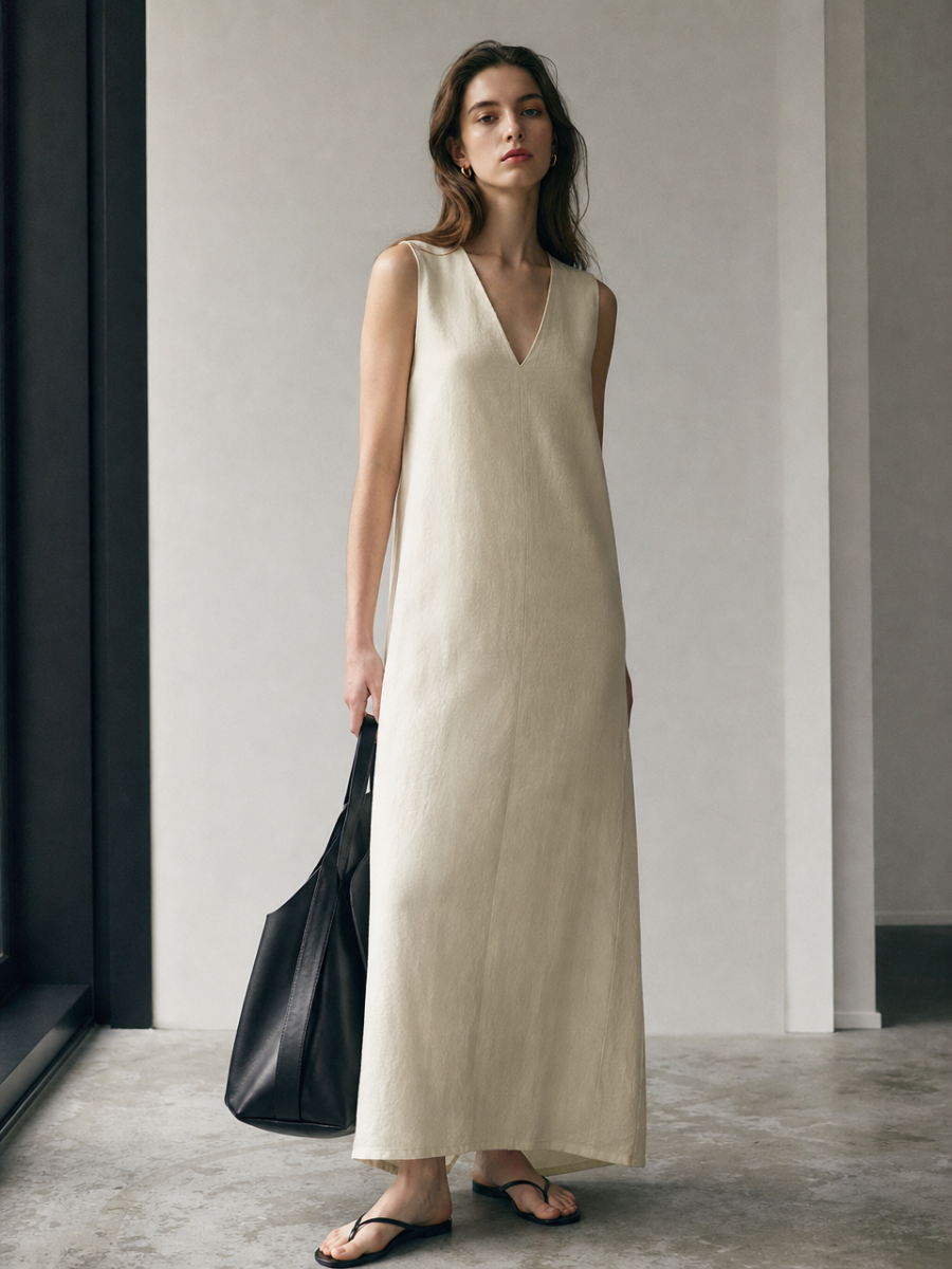 Elegant Sleeveless V‑Neck Linen Maxi Dress C-41961