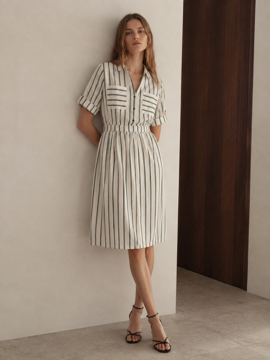 Women Vertical‑Striped Shirt Midi Dress C-42079