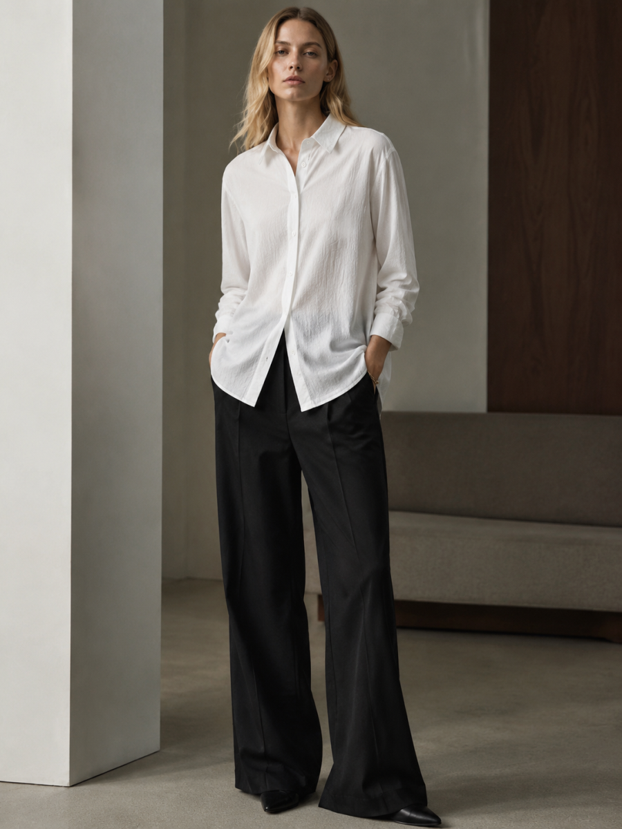 Women Crinkled‑Texture White Button‑Down Shirt C-42619