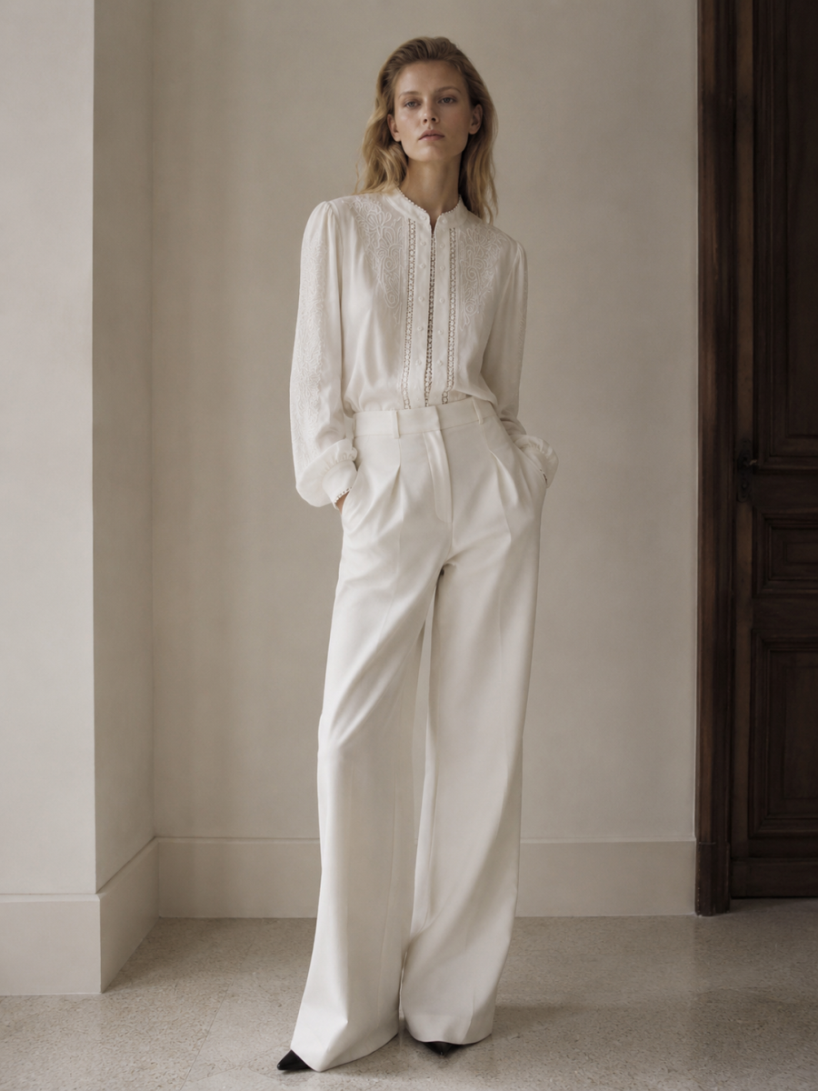Women Stand‑Collar Pearl‑Trim Blouse C-43143