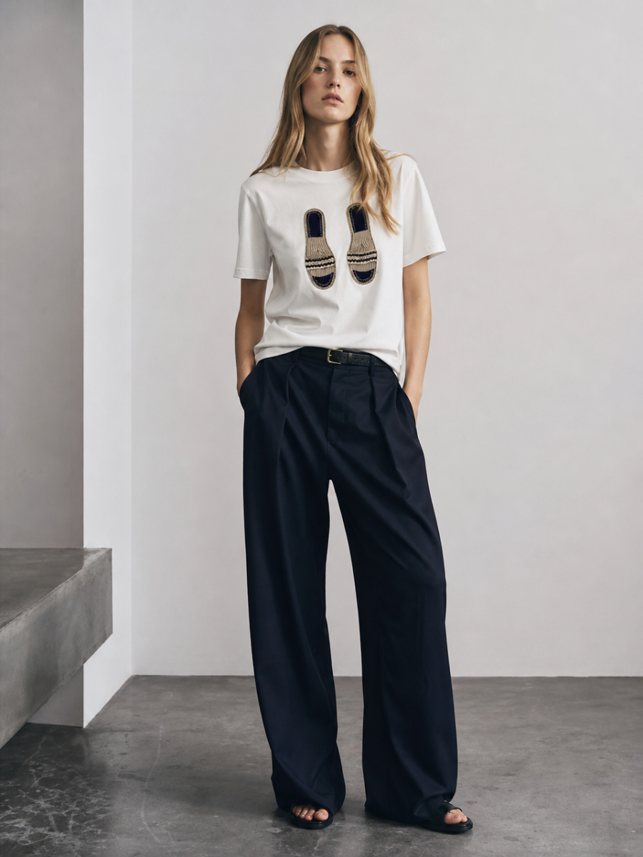 Chic 3D‑Patch‑Embroidered Slipper Print T‑Shirt M-34897