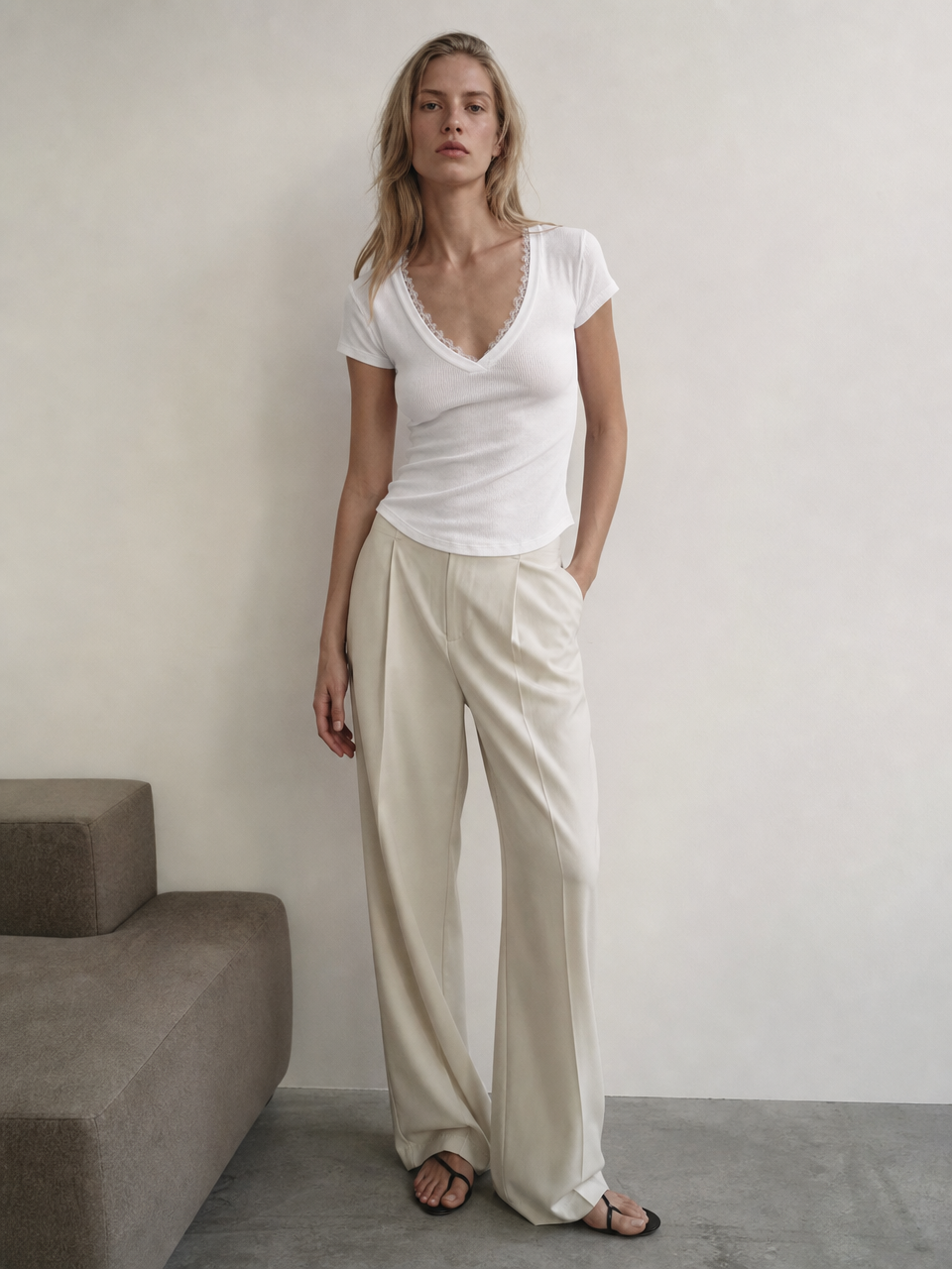 Chic Ribbed‑Knit V‑Neck Blouse M-42213
