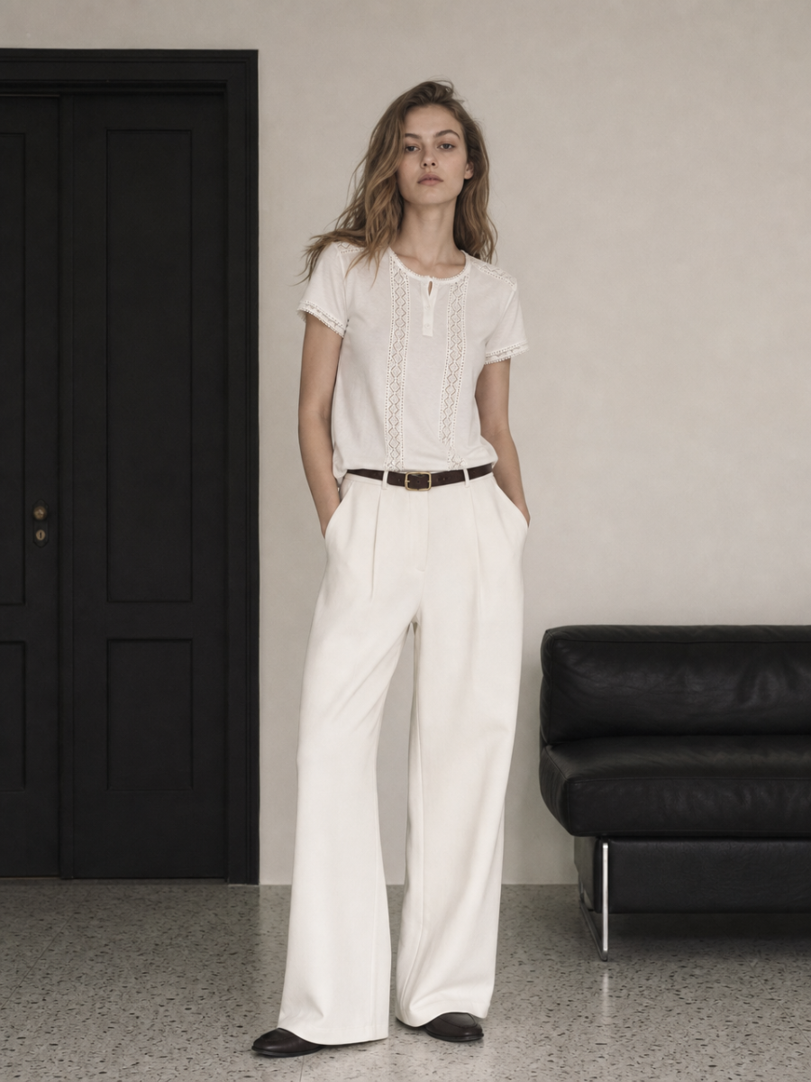 Women Cutwork‑Lace‑Panel Henley‑Neck T‑Shirt M-42816