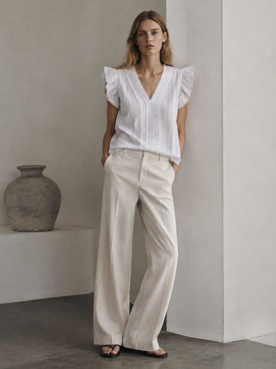 Boho White Eyelet‑Embroidered Flutter‑Sleeve Blouse M-43630