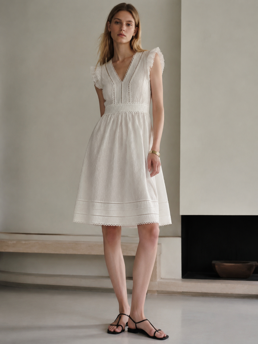 Boho Eyelet‑Textured Flutter‑Sleeve Midi‑Dress M-43634