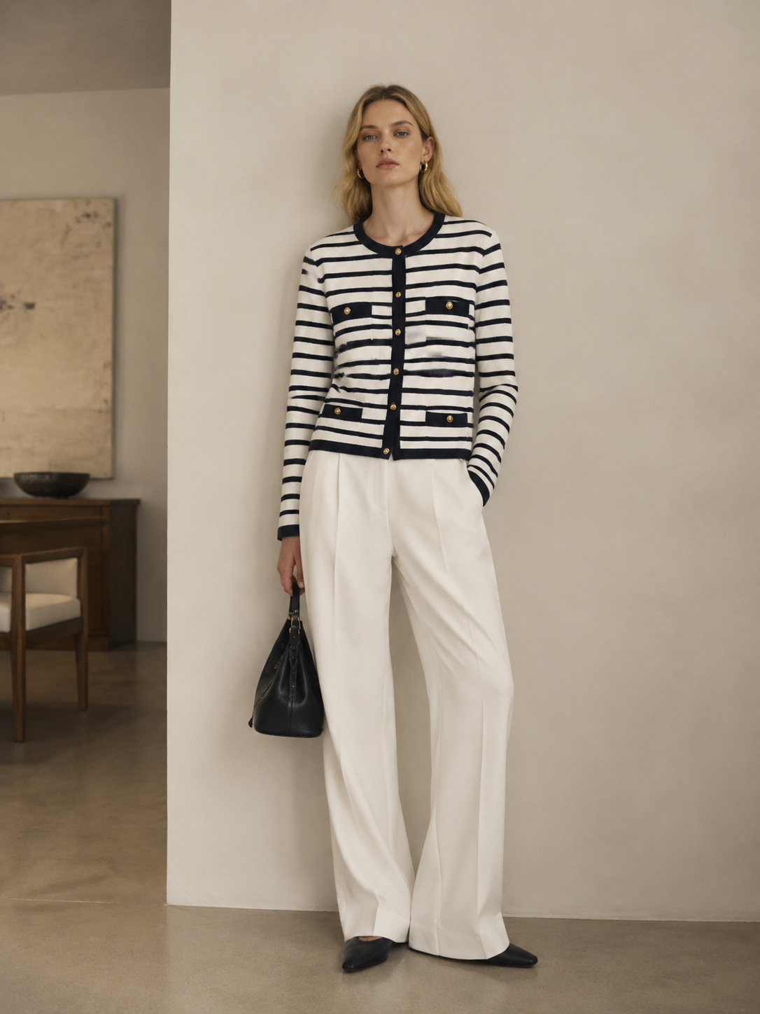 Women Nautical‑Striped Round‑Neck Cardigan Jacket M-43814