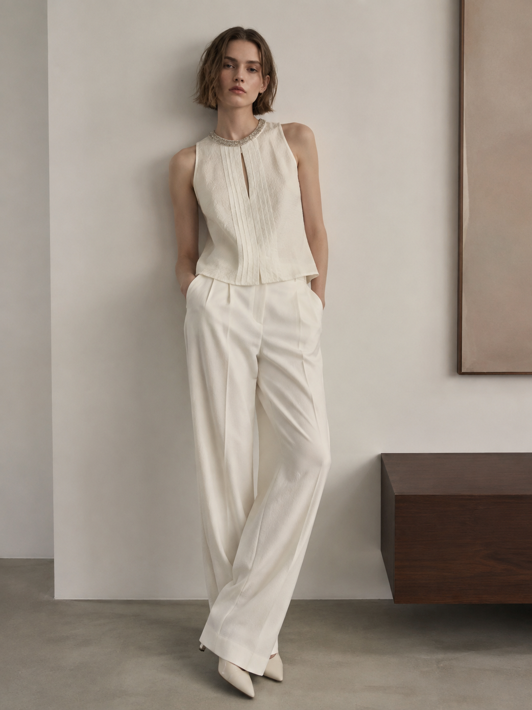 Women Rhinestone‑Trim Round‑Neck Sleeveless Top W-38322