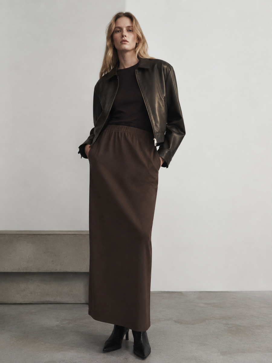 Minimalist Solid‑Brown H‑Line Long Skirt W-41502