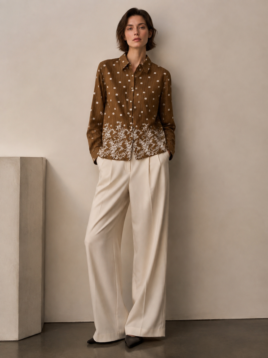 Elegant Striped‑Floral Button‑Front Blouse W-43108