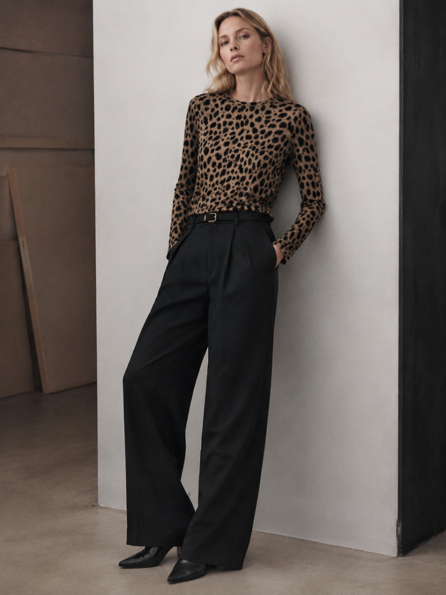 Women Leopard‑Print Crew‑Neck Long‑Sleeve Top W-43113