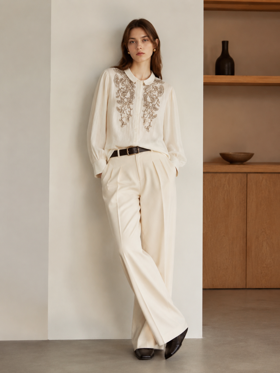 Women Cream Floral‑Embroidered Long‑Sleeve Shirt W-43114