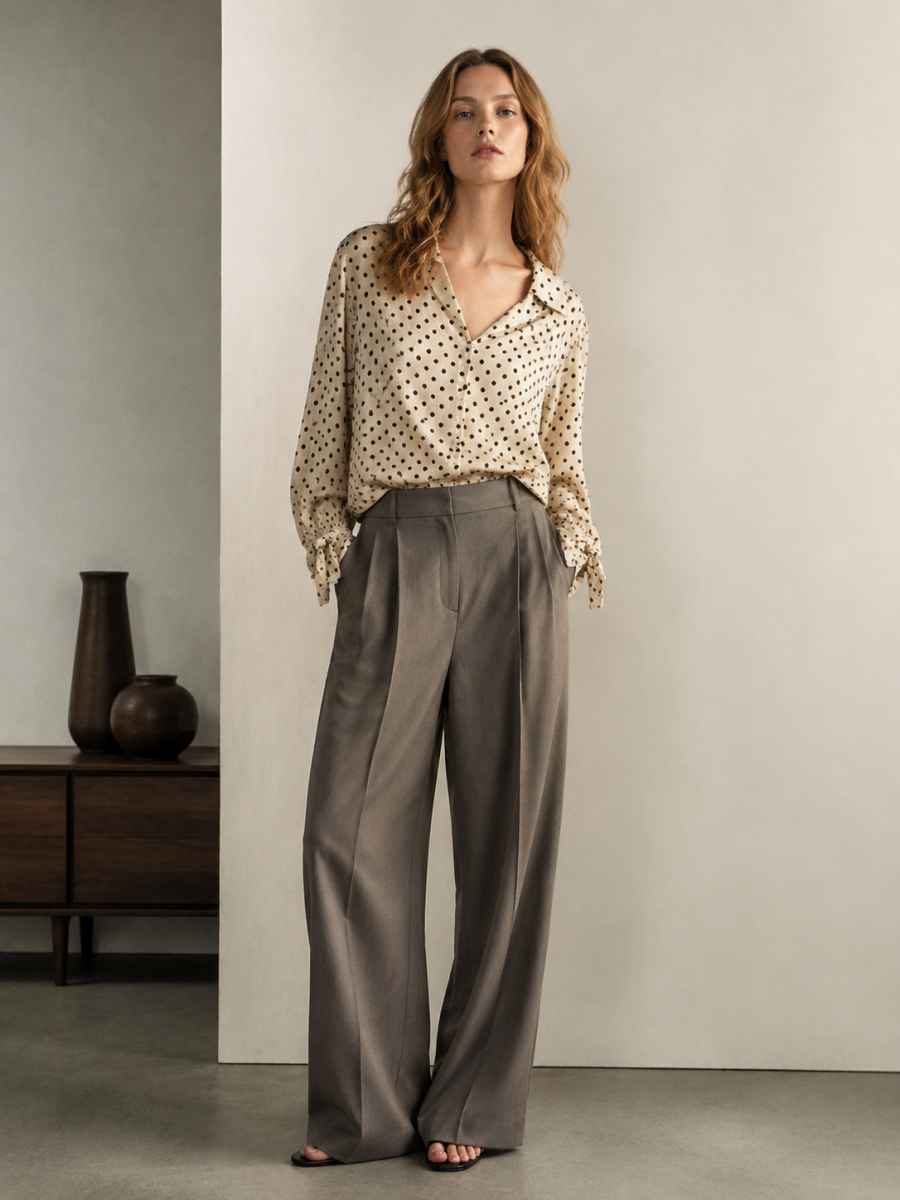 Women Cream Polka‑Dot Button‑Up Blouse W-43130