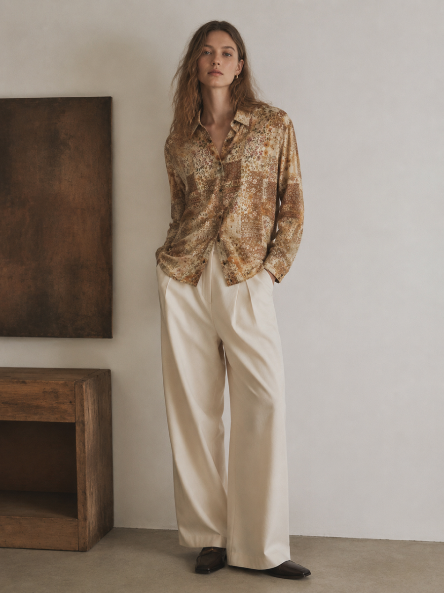Women Boho Patchwork‑Floral‑Print Long‑Sleeve Shirt W-43132