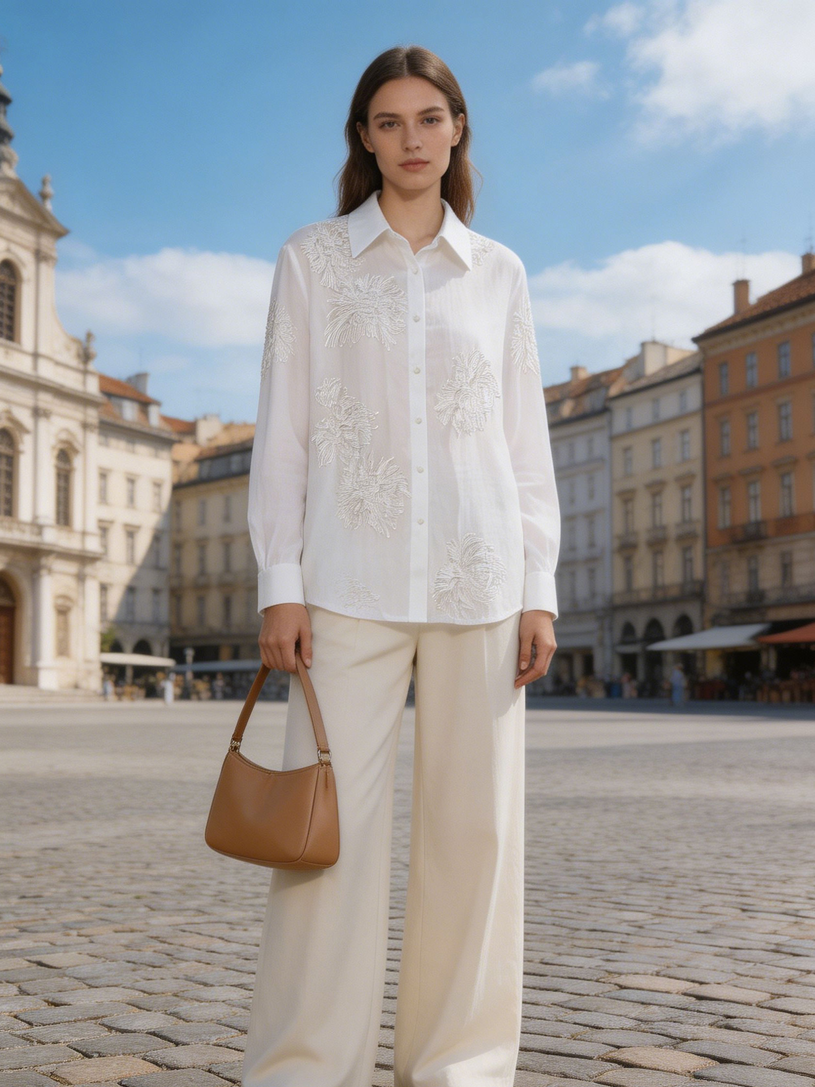 Women’s Lightweight Embroidered Button-Down Shirt – Boho Resort Style Blouse C-42332