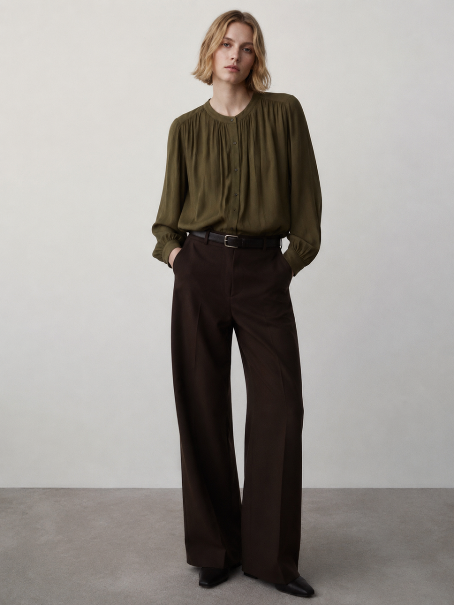 Chic Boho Gathered‑Neck Button‑Front Shirt W-43202