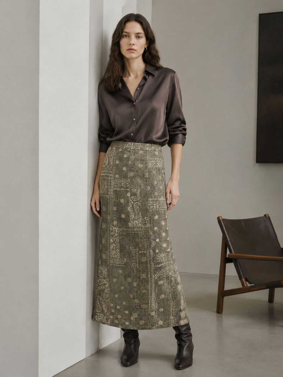 Elegant Retro Paisley‑Print Long Skirt W-43208
