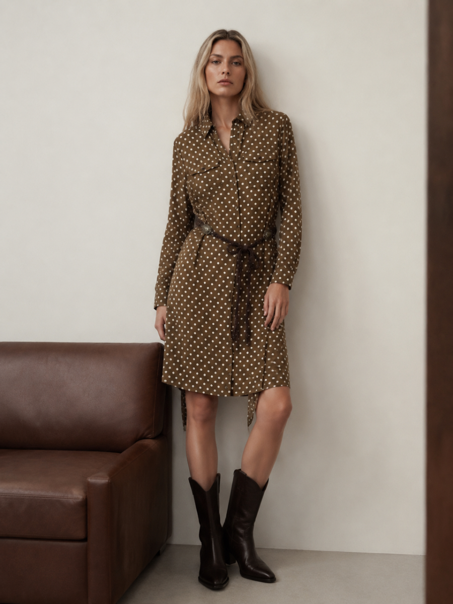 Vintage Polka‑Dot Belted Midi Dress W-43315