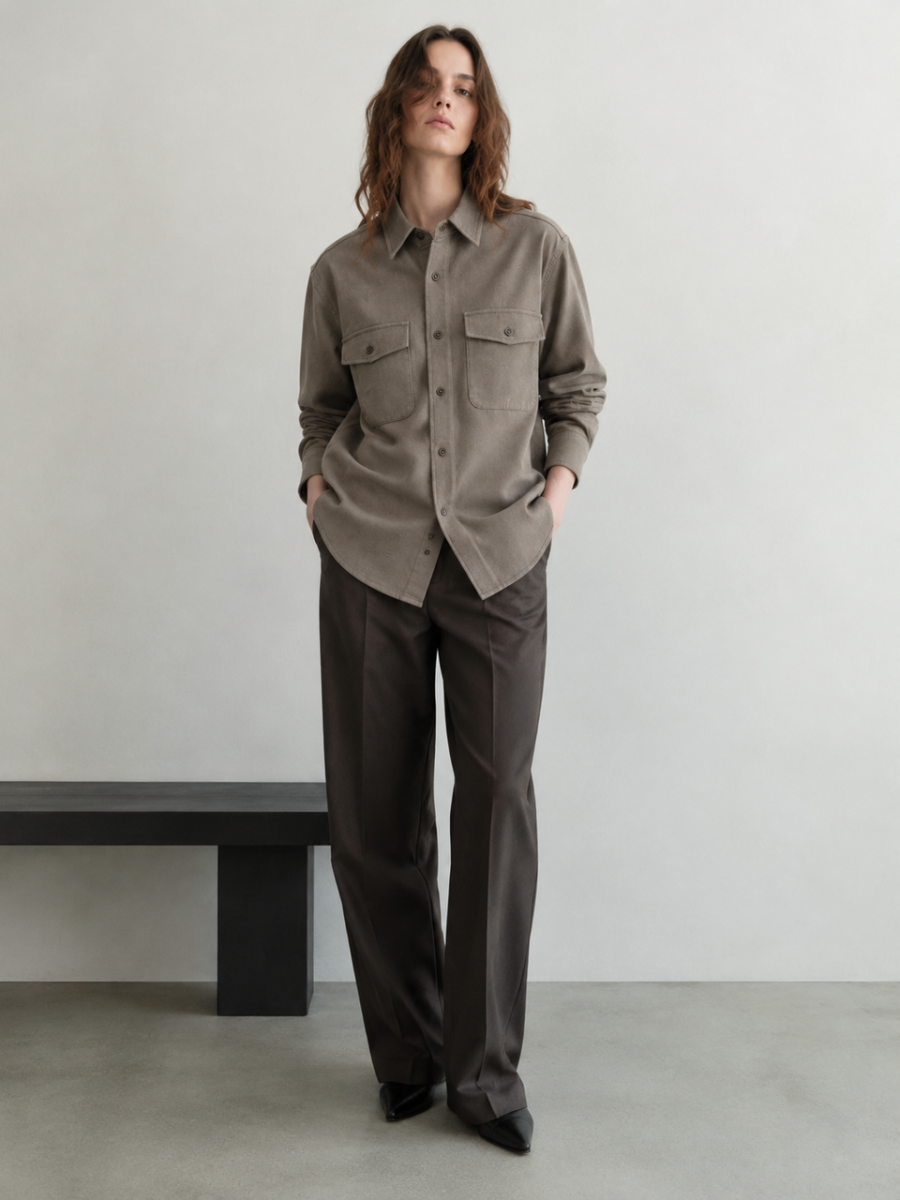 Elegant Washed‑Fabric Long‑Sleeve Shirt W-43316